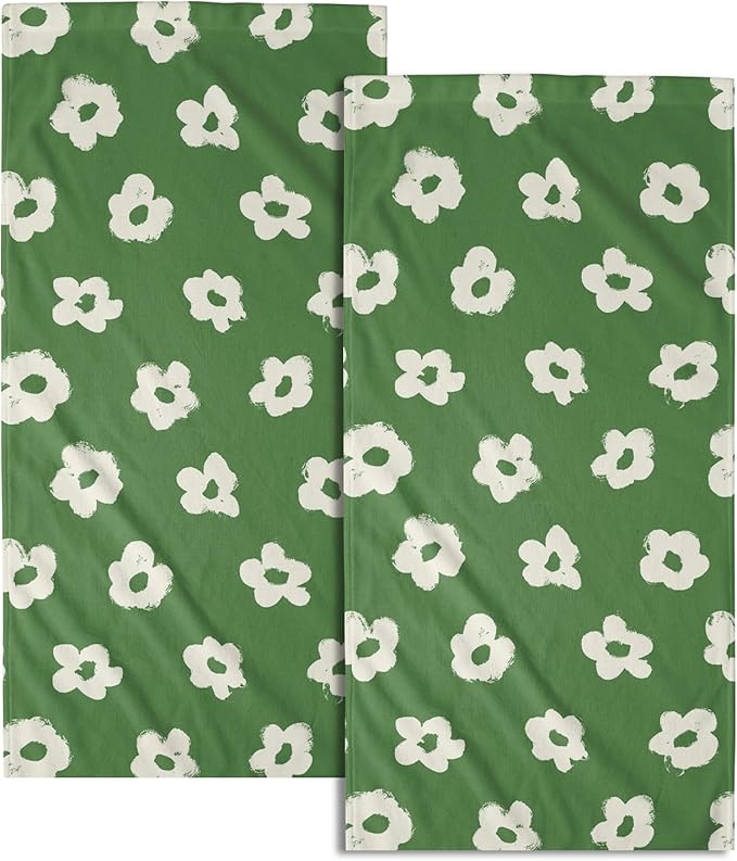 Modern Style Kitchen Towels Set of 2 Green Floral Quick Dry Microfiber Hand Towels