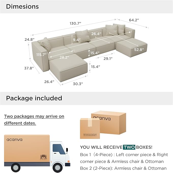 Acanva Luxury Modular Sectional Couch with Moveable Ottoman and Chaise, Modern Minimalist Style Sofa for Living Room, Apartments, U-Shape, Vegan Leather Cream