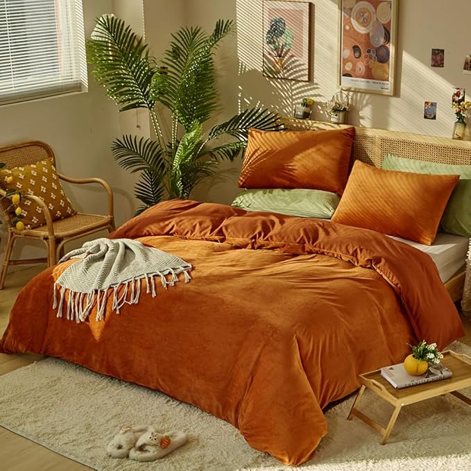 CLOTHKNOW Burnt Orange Fluffy California King Comforter Sets Velvet Bedding Comforter Sets Soft Terracotta Comforter with 2 x Pillow Cases