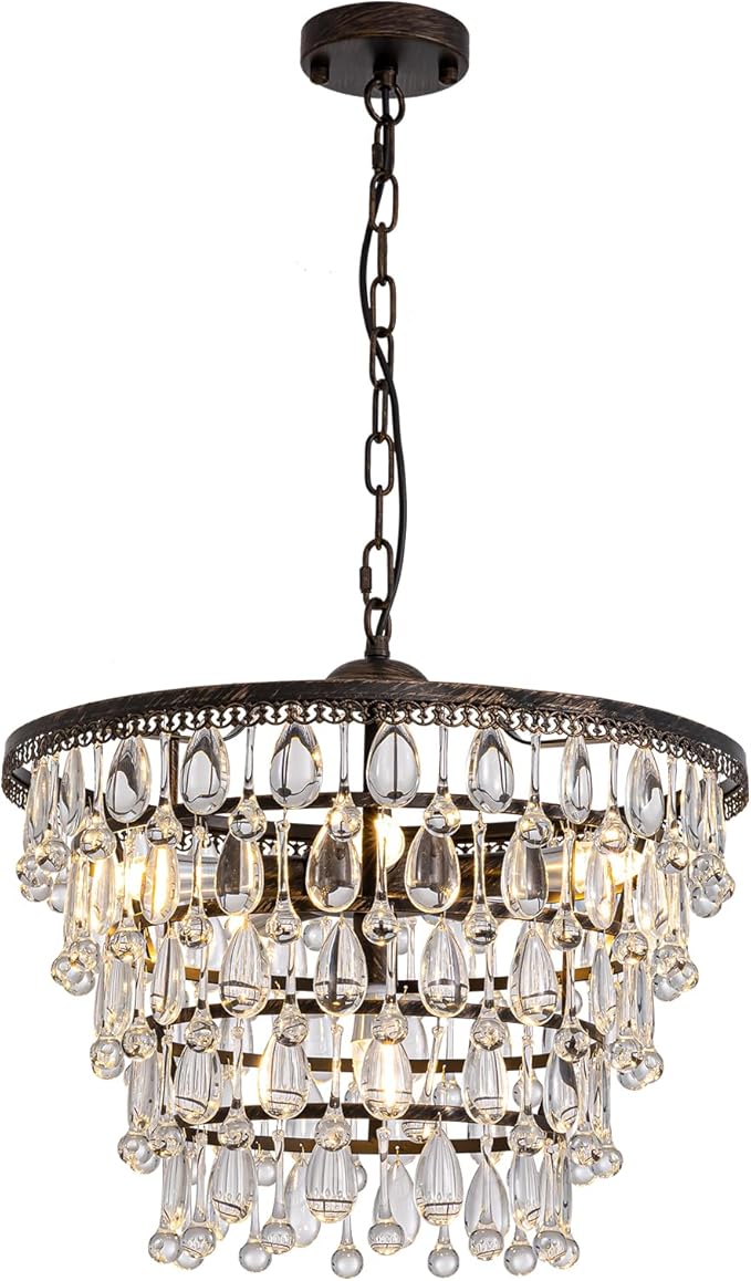 Vintage Crystal Chandeliers for Dining Room Light Fixture, 6-Light 5-Tier Antique Bronze Chandelier for Kitchen Island Bar Living Room Foyer Entryway, D20 xH17