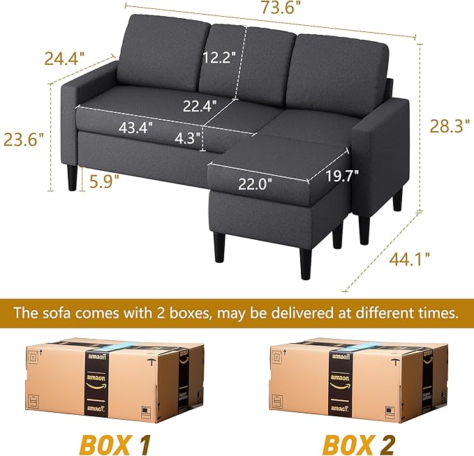 Shintenchi Convertible Sectional Sofa 3 Seat L Shaped Sofa with Movable Ottoman Linen, Black