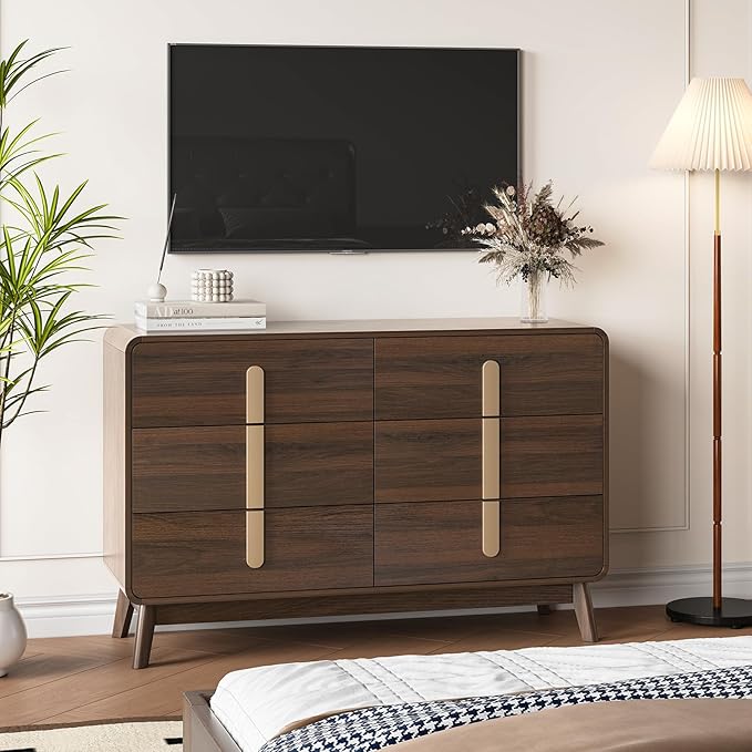 Dresser for Bedroom with 6 Drawers,Mid Century Modern Dresser with Storage,47" Wide Chest of Drawers with Metal Handles,Large Wood Drawer Organizer for Bedroom,Living Room,Hallway,Walnut