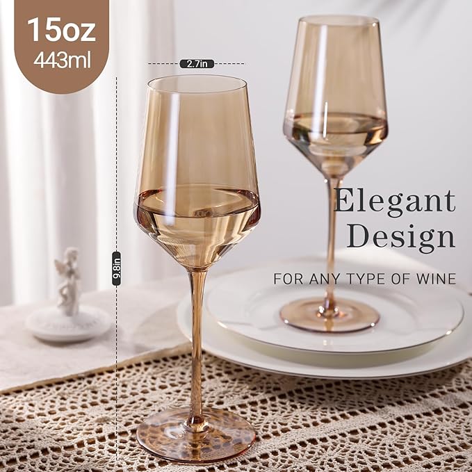 Physkoa Amber Colored Wine Glasses Set 6-16oz Stemmed Brown Wine Glasses With Tall Long Stem and Tulip Bottom,Amber Glassware for Home Deco,Wedding,Birthday