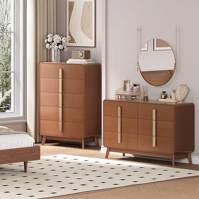 Dresser for Bedroom with 6 Drawers,Mid Century Modern Dresser with Storage,47" Wide Chest of Drawers with Metal Handles,Large Wood Drawer Organizer for Bedroom,Living Room,Hallway,Cherry