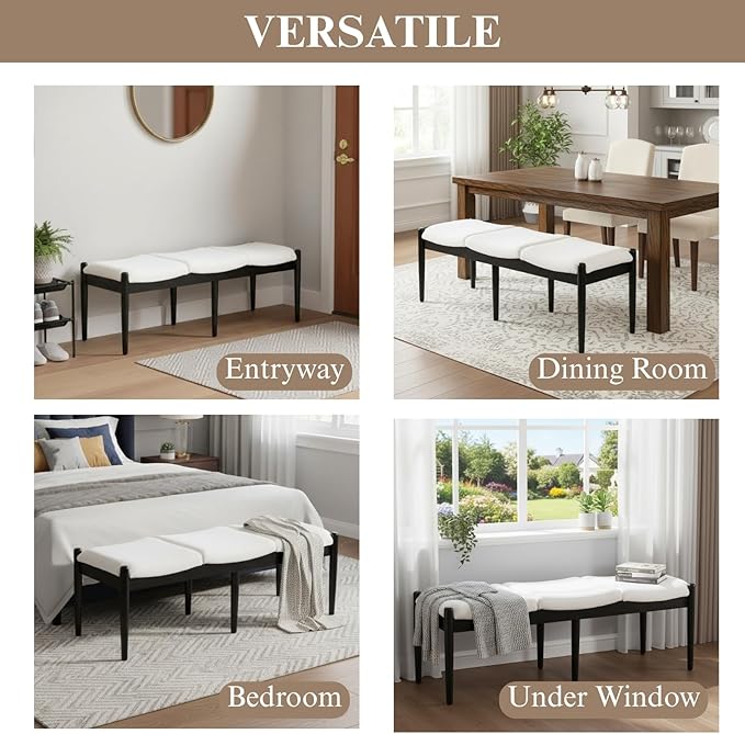 DUOMAY 55'' Modern Ottoman Bench, Chenille Upholstered Entryway Bench Bedroom Bench with Wood Legs, End of Bed Bench for Bedroom, Living Room, Corners, Kitchen, White