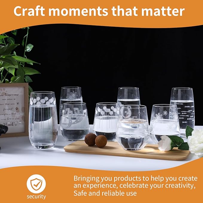 Set of 8 Etched Drinking Glasses, Hand Blown, 4 Highball Glasses 18oz & 4 Stemless Wine Glasses 15oz, Clear Water Glass Cups with Abstract Pattern, for Wedding, Gift