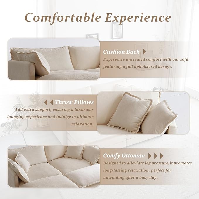 SoarFlash Chenille Sectional Sofa, Comfy Modular Coush Sofa with Ottoman, Modern 2 Seat Recliner Deep Seat Sofa Set for Living Room,Light Coffee