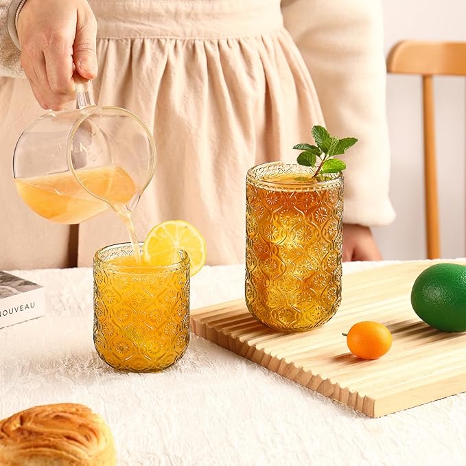 Green Drinking Glasses Set of 12, 12 Oz Highball & 10 Oz Cocktail Glasses, Green Kitchen Vintage Glassware Set, Floral Embossed Glass Tumbler Cups for Water, Beer, Juice, Whiskey, Coffee