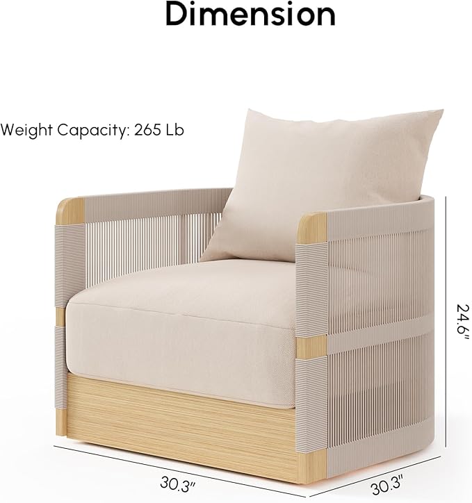 homary Outdoor Hand-Woven Rope Swivel Chair, 360 Degree Swivel Patio Chair, Hand-Woven Rope Outdoor Chair with Rainproof Cushion and Aluminum Frame for Garden, Balcony, Indoor, Khaki