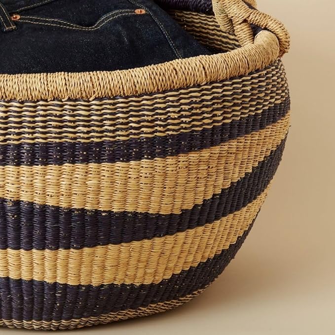 Wide Bohemian Pot Basket Picnic Basket (Navy Natural)