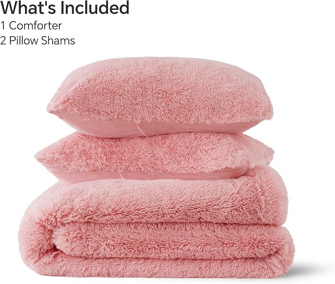 BEDELITE Pink Fluffy Comforter Set King Size, Fuzzy Faux Fur Comforter Bedding Set, 3Pieces Soft Warm Shaggy Bed Set (1 Comforter & 2 Pillowcases) as Gifts for Women