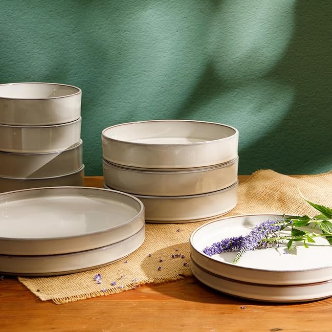 Bloomhouse Santorini Mist Double Bowl Terracotta Reactive Glaze Plates and Bowls Dinnerware Set - Moonstone White, Service for Four (16pcs)