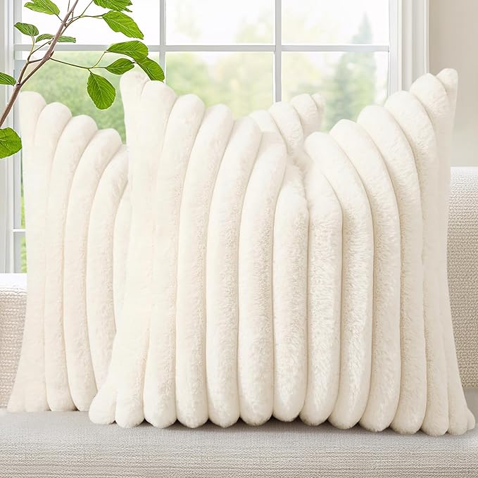 decorUhome Faux Fur Christmas Throw Pillow Covers 22x22 Set of 2, Decorative Soft Plush Striped Neutral Euro Pillow Covers with Velvet Back for Bed, Living Room Home Decor, Cream White
