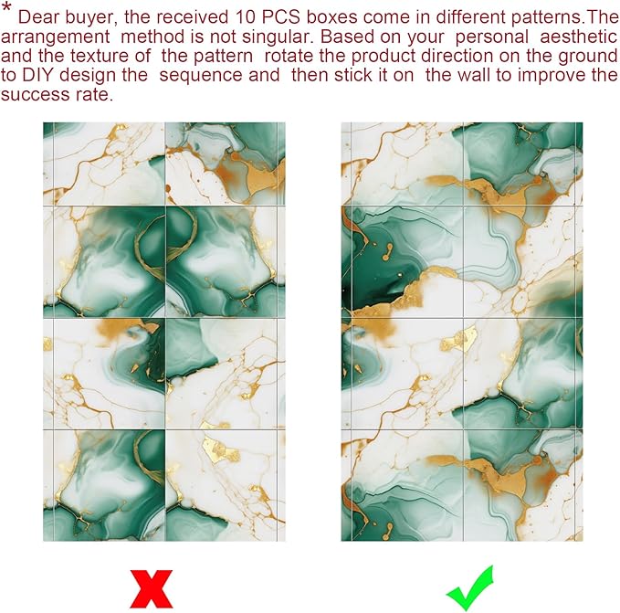 10pcs Marble Peel and Stick Backsplash Waterproof Washroom Wall Panels, Peel and Stick Tile, PVC Foam Wall Panels for Kitchen,Bathroom,Living Room,Green and Gold(Not Real Tile,11.8" x 11.8")