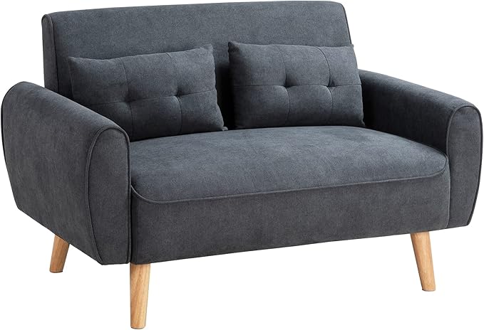Shintenchi Small Modern Loveseat Couch Sofa, Mid Century Fabric Upholstered 2-Seat Sofa Couch Love Seats, Dark Grey