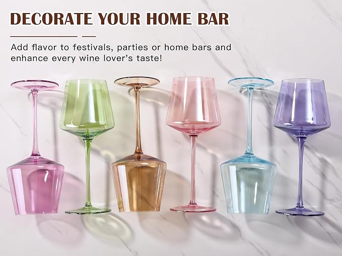 Physkoa Colored Wine Glasses Set of 6-16oz Hand-Blown Crystal Wine Glass with Stem, Unique Red&White Wine Glasses For Holiday Bar