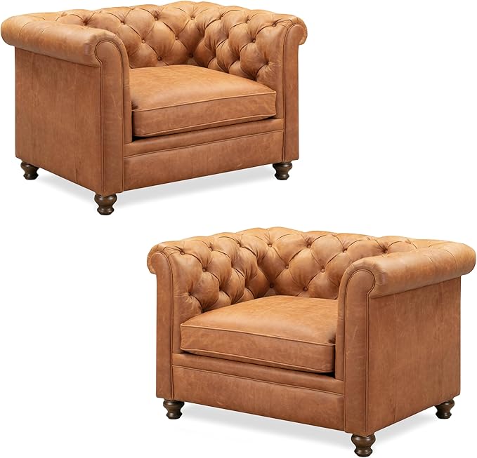 POLY & BARK Lyon Leather Lounge Chairs 49" - Set of 2 - Cognac Tan Full-Grain Leather – Modern Upholstered Accent Chairs for Living Room or Bedroom – Indoor Lounge Seating with Lasting Comfort
