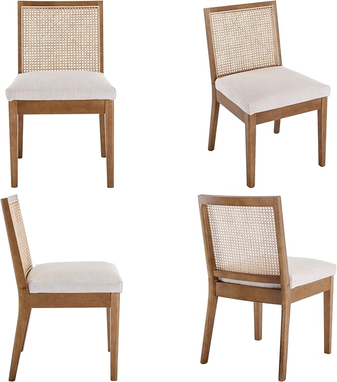Farmhouse Rattan Dining Chairs Set of 2 Natural Wood Dining Room Chairs Rectangle Cane Country Kitchen Chairs Upholstered Dining Chair for Dining Room, Cream Linen