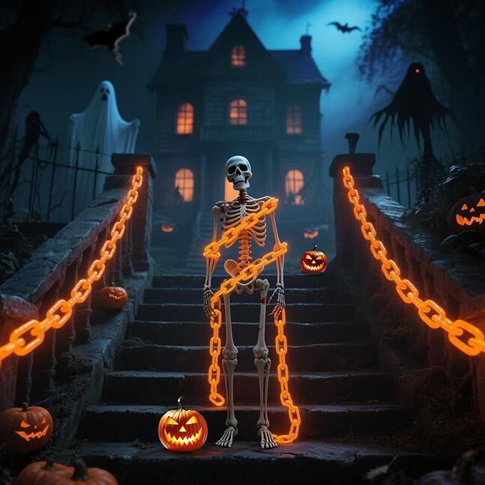 Solar Halloween Chain String Lights Decoration, Upgraded 10Ft 160LED Orange Plastic Lights with 8 Lighting Modes for Indoor Outoor Halloween Party Cosplay Haunted House Spooky Decor