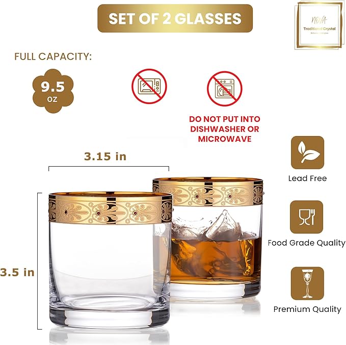 Jeweled Whiskey Glasses, Gold Rimmed Hand Decorated Bourbon Glasses Set of 2, Old Fashioned Whiskey Glasses with Heavy Bottom