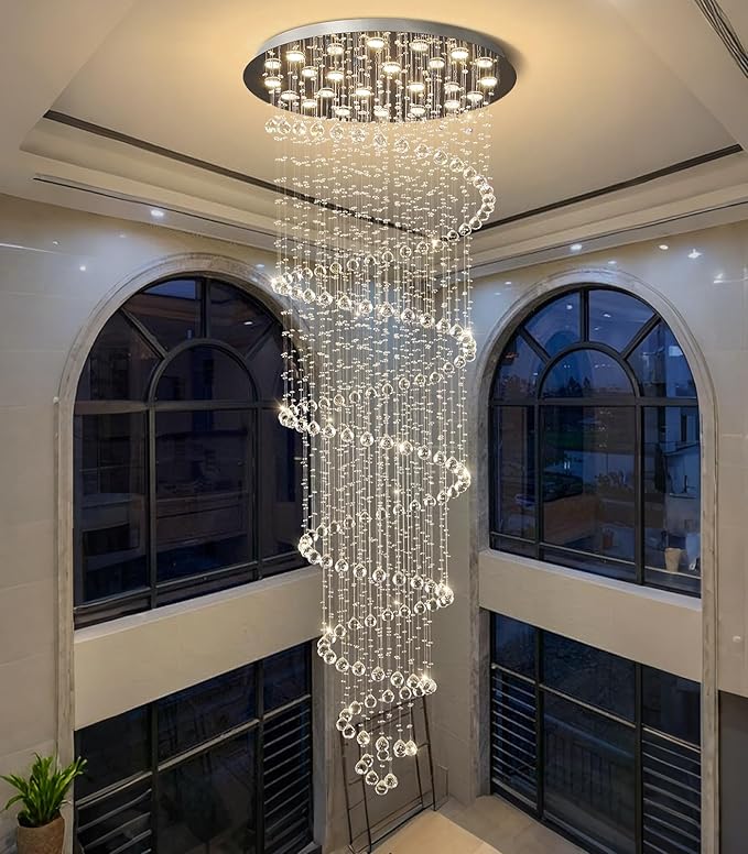 W47 x H118 High Ceiling Chandelier with LED Bulbs Dimmable Long Light Glam Chandeliers Crystal Pendants Light Fixtures for Foyer Entryway Living Room Stair Silver