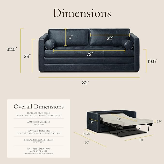 POLY & BARK Napa 82" Leather Pull-Out Convertible Sleeper Sofa in Midnight Blue