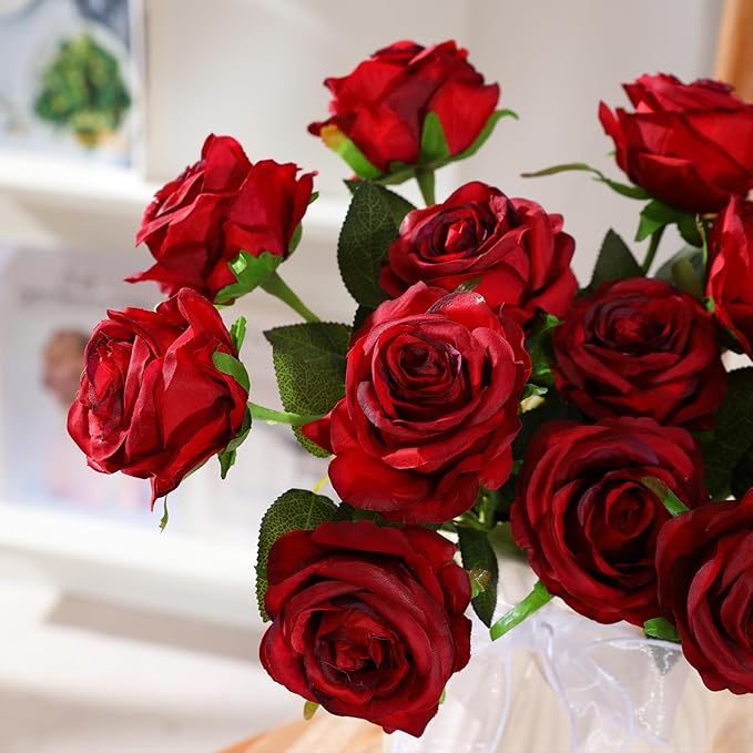 Nubry 50pcs Artificial Silk Roses Bulk,Fake Roses Flower with Stems Realistic Flowers for Wedding Centerpiece Home Party Decor(Burgundy)