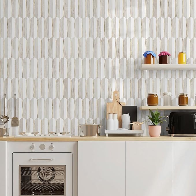 Vamos Tile Peel and Stick Backsplash Seamless Tile for Kitchen and Bathroom,White and Glossy Wooden Marble PVC Mixed Light Gold Self Adhesive Fish Scale Metal Mosaic Tiles (10 Sheets)