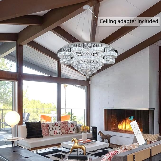 Modern Chandelier Living Room Glam Chandeliers Ceiling Light Fixture Remote Dimmable Lights 32 Inches Luxury Crystal Silver Light
