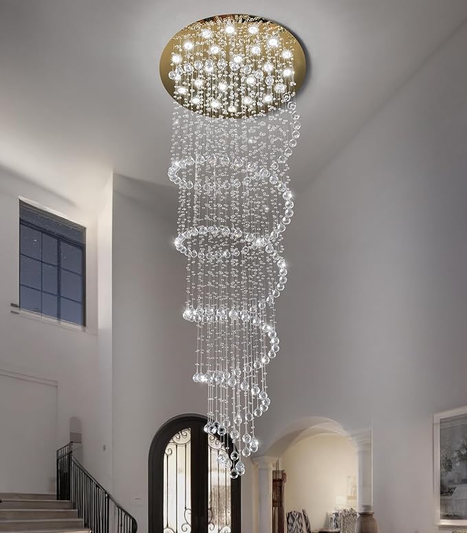 W47 x H118 High Ceiling Chandelier with LED Bulbs Dimmable Long Light Glam Chandeliers Crystal Pendants Light Fixtures for Foyer Entryway Living Room Stair Gold