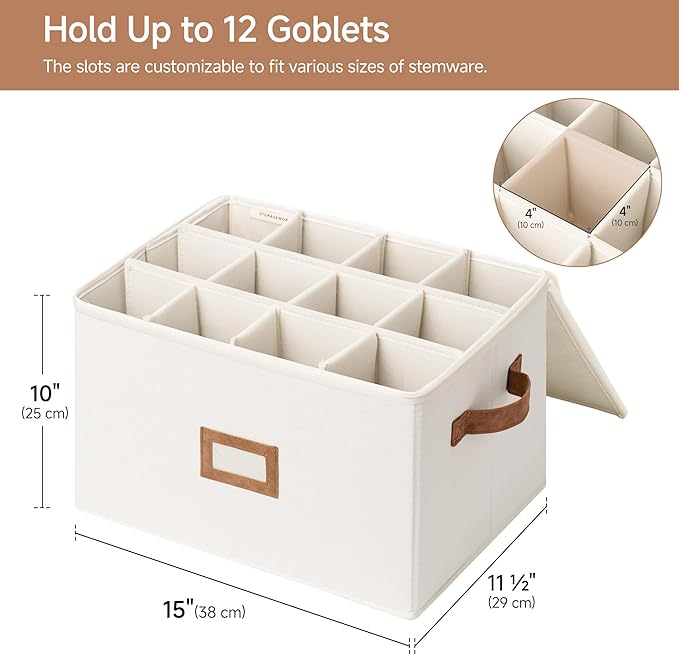 StorageWorks Stemware Storage Cases, Hard Shell Wine Glass Storage Box with Dividers for Glassware, Crystal, and China Holds 12 Standard Size Wine Glasses, 1 Pack, Beige