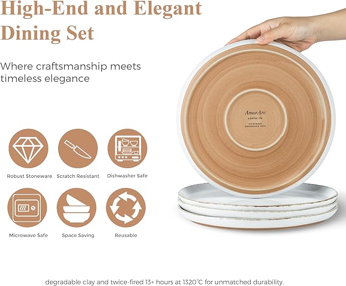 AmorArc 24 Pieces Ceramic Dinnerware Sets for 8, Handpainted Stoneware Plates and Bowls Set with Rustic Terracotta Underside, Scratch Resistant Dishes Set, Dishwasher & Microwave Safe, White