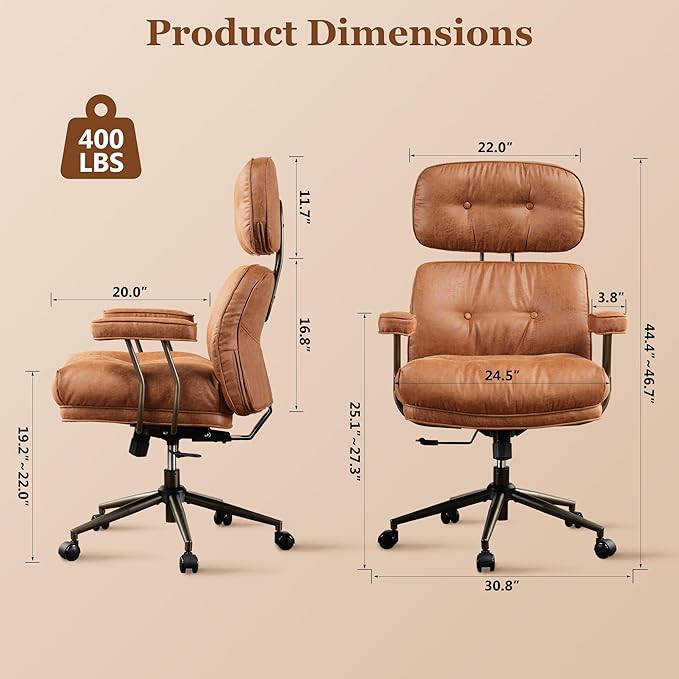 Mid Century Modren Big and Tall Office Chair,Large Ergonomic Executive Chair for Heavy Duty People, Desk Task Chair with Wheels, Faux Lether Fabric Wide Chair for Home Sturdy,Brown(Suede)
