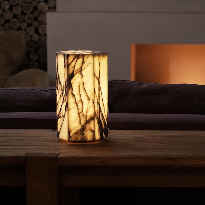 Handcrafted Real Marble Table Lamp, Stone Lamp with Tri-Color Dimmable LED, Bedside Lamp, Small Table Lamp for Home Decor, Table Lamp for Bedroom Living Room, Hexagon