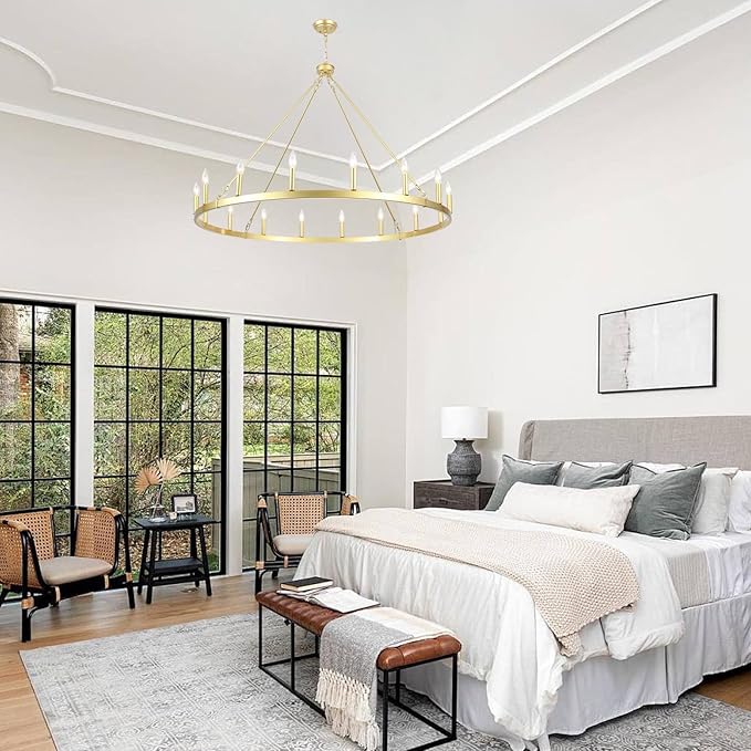 16-Light Gold Wagon Wheel Chandelier 47in Large Chandeliers for High Ceilings Round Farmhouse Light Fixtures Over Table Rustic Light Fixture for dining room,Foyer,Living Room,High Ceiling,Entryway,E12