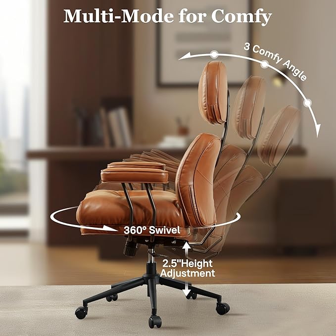 Mid Century Modren Big and Tall Office Chair,Large Ergonomic Executive Chair for Heavy Duty People, Desk Task Chair with Wheels, Faux Lether Fabric Wide Chair for Home Sturdy,Brown(PU)