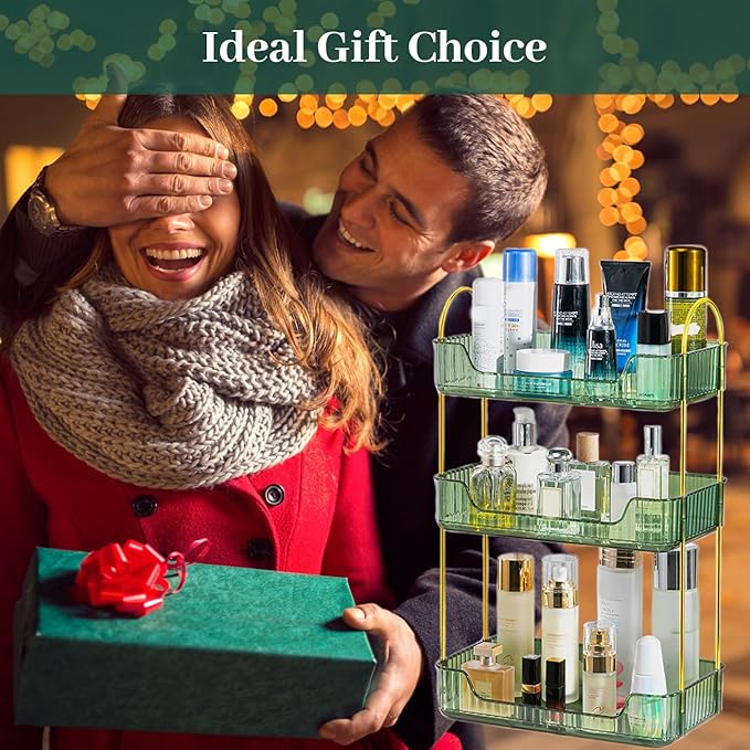 Aveniee Bathroom Counter Organizer, 3 Tier Perfume Skin Care Countertop Storage Shelf, Vanity Makeup Tray for Cosmetic Skincare Lotion,Green