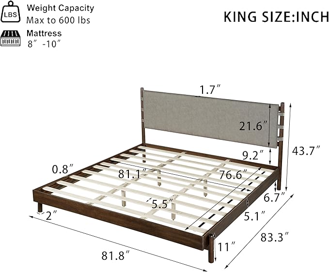 Premium Rubber Wood Platform Bed Frames, King Size Headboard Included, Mid Century Modern Beds, Walnut+Light Grey