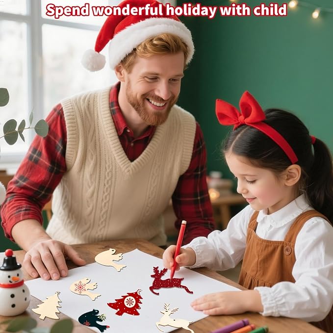 MACTING 45PCS Wooden Christmas Ornaments Unfinished Predrilled Natural Wood Slices DIY Blank Hanging Ornaments Kit for Crafts Centerpieces Christmas Tree Decorations, 9 Styles