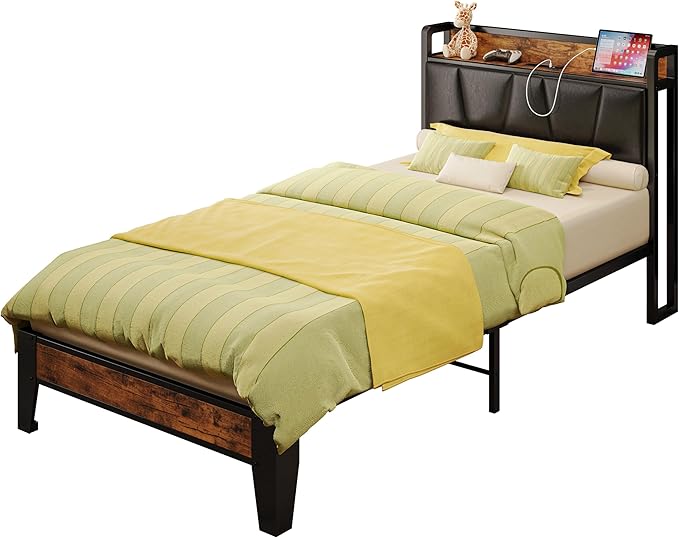 LIKIMIO Twin XL Bed Frames, Storage Headboard with Charging Station, Solid and Stable, Noise Free, No Box Spring Needed, Easy Assembly (Vintage and Black)