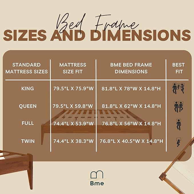 Bme Dinkee Wooden Queen Bed Frame, 15 Inch Height, Elegant Minimalist Modern Design with Japanese Joinery, Durable Wood Slats for Reliable Support, No Box Spring Required, Caramel