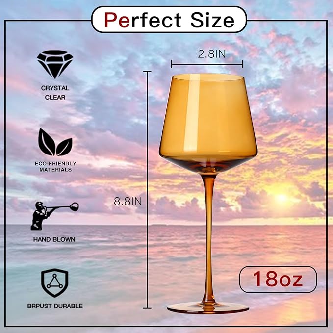 Colored Wine Glasses Set of 6 – 18oz Hand-Blown Crystal Stemmed Wine Glasses, Vibrant Sunset Square stemware for Red & White Wine, Unique Gift for Wedding, Anniversary, Birthday