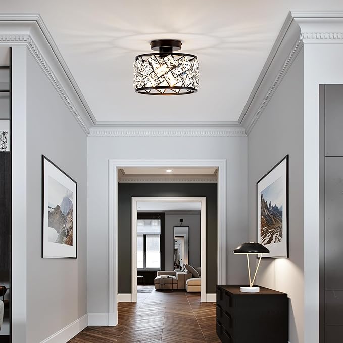 Crystal Ceiling Light Fixture, Modern Semi Flush Mount Ceiling Light,Crystal for Kitchen Bedroom Bathroom Entryway, Black Finish