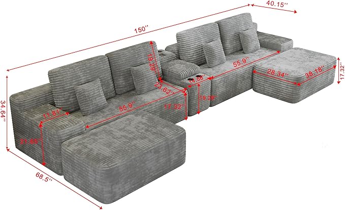 KEIKI 150" U-Shaped Oversized Corduroy Modular Sectional Sofa with 2 Ottomans and Multi Functional, 6-Seater Upholstered Couch, Easy Assembly, for Living Room, Grey
