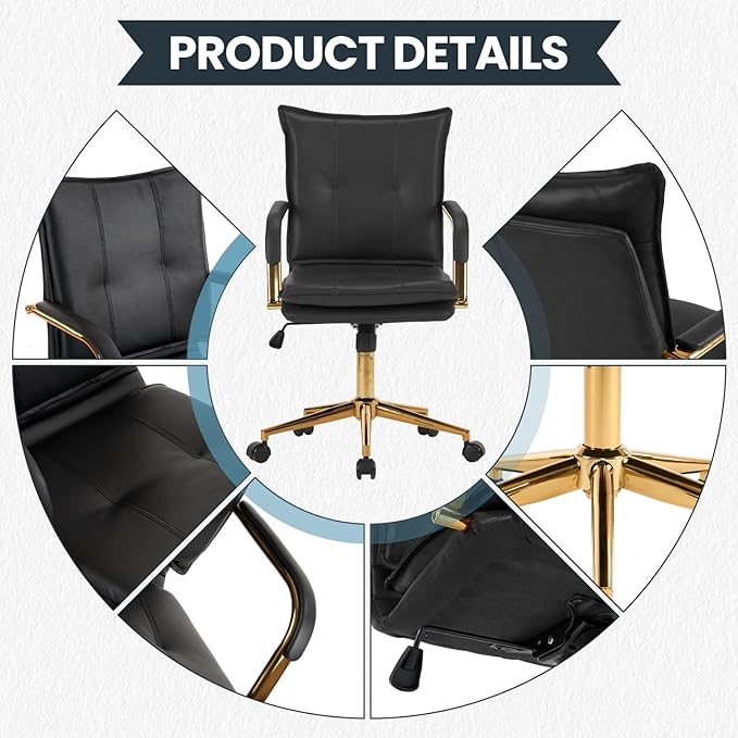 MOJAY Mid-Back Ergonomic Leather Desk Chair, Modern Upholstered Computer Chair, Executive Office Chair with Arms, Swivel Adjustable Rolling Chair with Gold Base (Black)