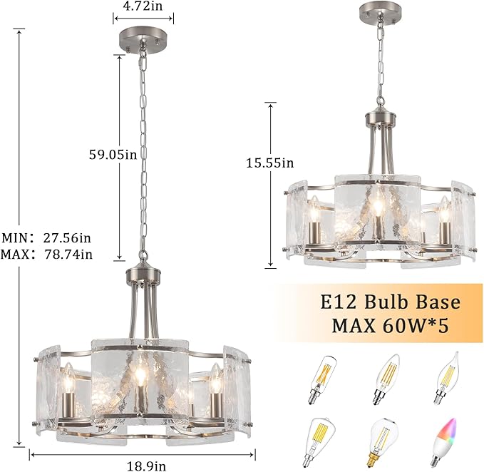 Modern Textured Glass Chandelier for Dining Room, 5-Light Brushed Nickel Crystal Chandeliers Light Fixture, Drum Round Rustic Farmhouse Chandelier for Kitchen Island Bedroom Living room Foyer,E12