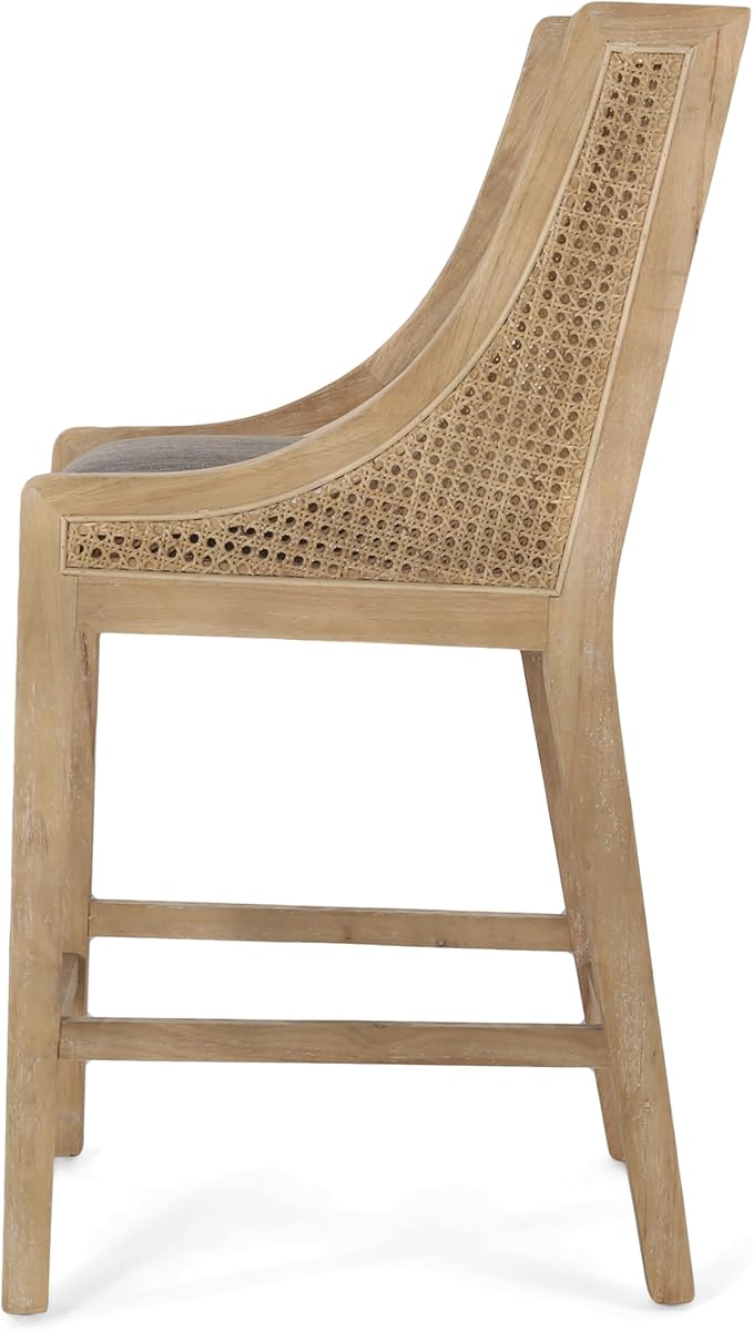 Merax 25.5" Fabric Upholstered Wood and Cane Counter Stools with Backrest,Set of 2,French Country Barstools Chair Dining Chair