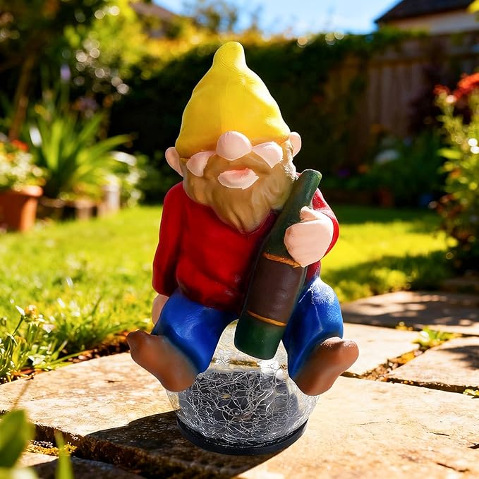 Drinking Gnome Solar Garden Statue - Funny Gnome Figurine with Colorful Crackle Ball LED Light - Perfect Novelty Patio Decor and Gag Gifts - Hilarious Christmas House Warming Gifts New Home