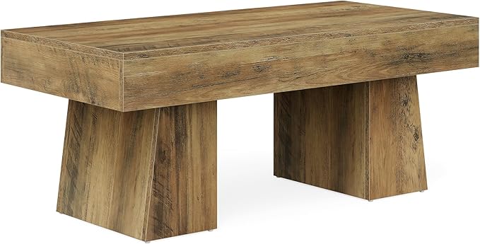 LITTLE TREE Farmhouse Coffee Table, 47 Inches Wooden Rectangular Accent Center Tables with Thick Base, Modern Low Cocktail Tea Furniture for Living Room (Rustic Brown)
