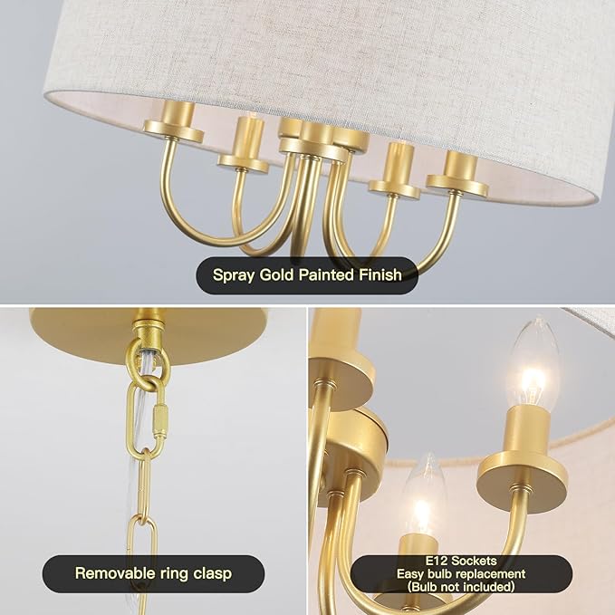 Drum Chandeliers for Dining Room, 5 Light White Drum Light Fixture Brass Round Chandelier with Linen Shades, 19" Fabric Pendant Light Gold Farmhouse Chandelier for Living Room Kitchen Bedroom Foyer